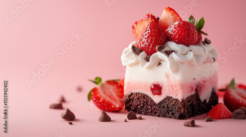 Mini brownie and strawberry-baked Alaska isolated on a soft pink background