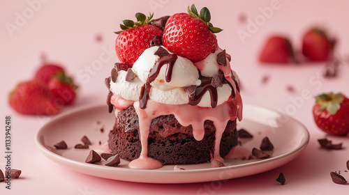 Mini brownie and strawberry-baked Alaska isolated on a soft pink background