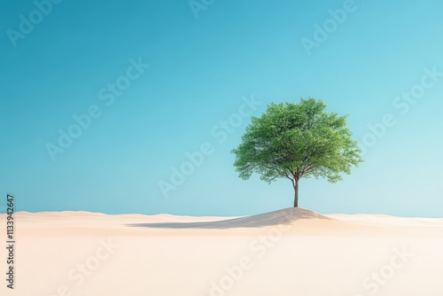 Single green tree standing in a sandy desert under a clear blue sky during daylight