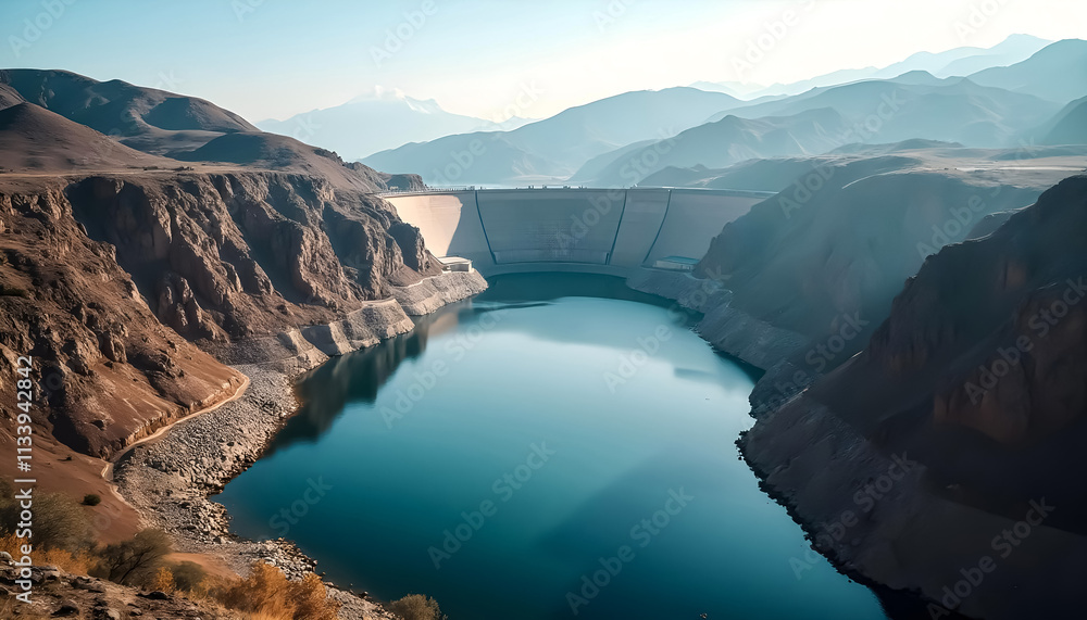 Massive Dam Aerial View with Mountain Landscape Massive Dam Aerial View with Mountain Landscape