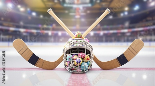 A hockey helmet filled with vibrant, decorated eggs sits on an ice rink, flanked by two hockey sticks. The background features a blurred arena, hinting at a festive approach to the sport.