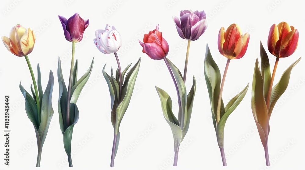 An isolated image of various tulips in different colors and sizes