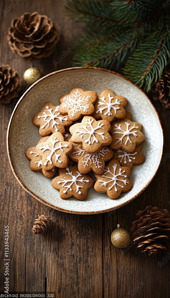 A bowl of snowflake-shaped gingerbread cookies on a wooden table, decorated for the holidays. A bowl of snowflake-shaped gingerbread cookies on a wooden table, decorated for the holidays.