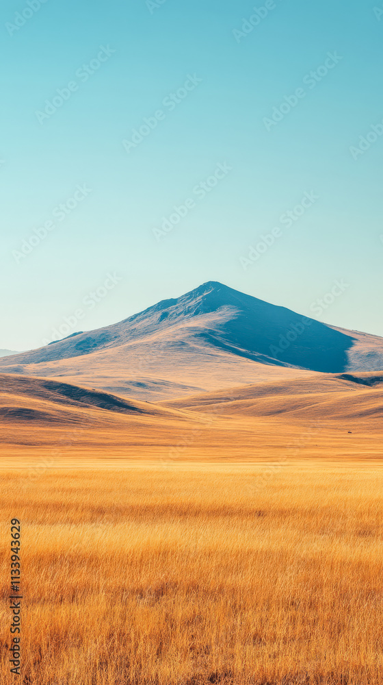 Obraz premium Golden grassland landscape with distant mountain under clear blue sky