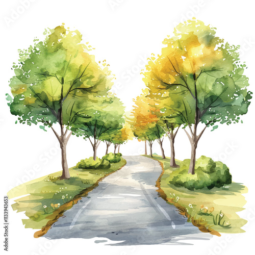 watercolor of charming country road lined with trees cartoon
