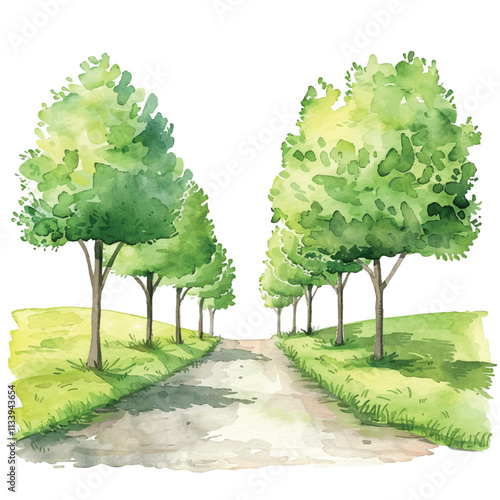 watercolor of charming country road lined with trees cartoon