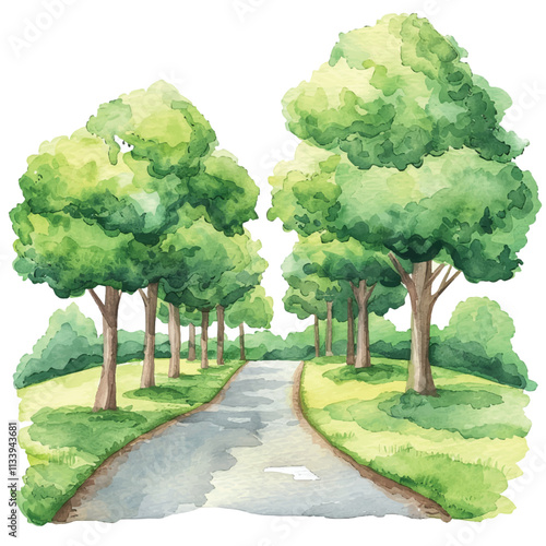 watercolor of charming country road lined with trees cartoon