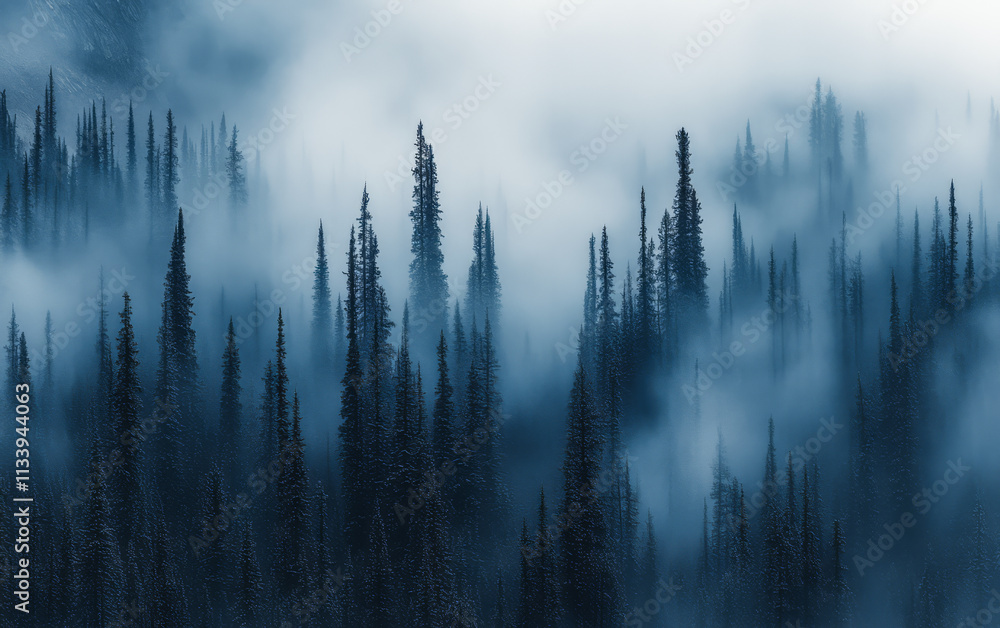 Obraz premium Mysterious fog envelops a dense forest with tall pine trees in twilight
