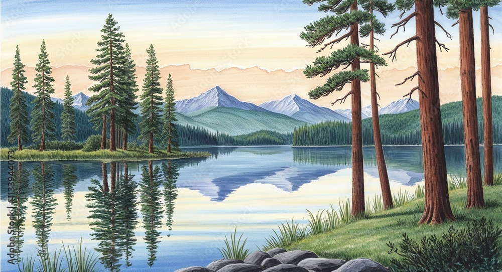 A serene lake reflecting tall pine trees and distant mountains hand drawing
