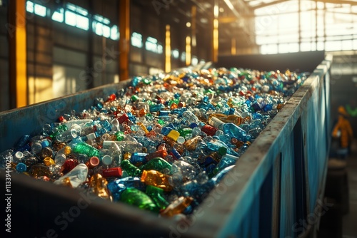 Wallpaper Mural Industrial recycling process with pile of plastic bottles in factory setting. Torontodigital.ca