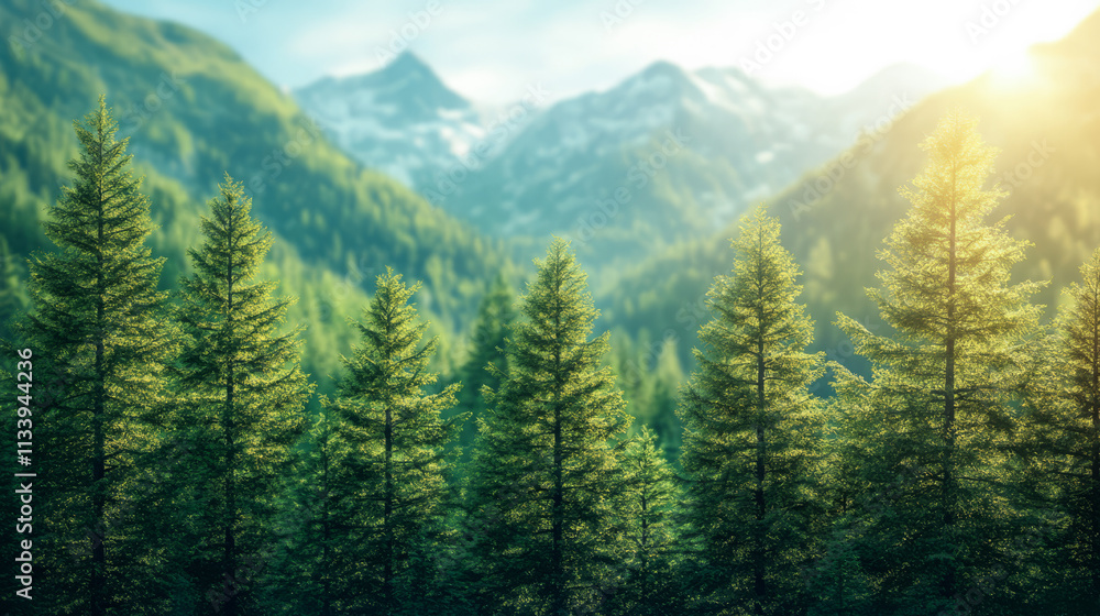 Majestic mountain landscape with lush green trees in early morning light Majestic mountain landscape with lush green trees in early morning light