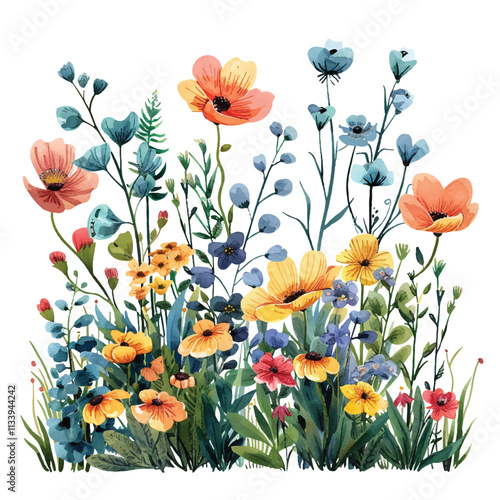 watercolor of charming garden filled with blooming flowers cartoon