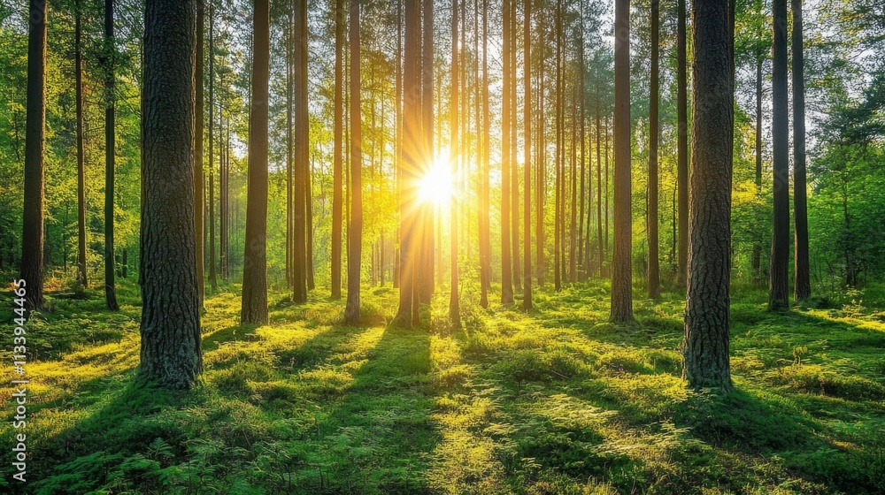 Obraz premium Sunbeams Illuminating a Dense Forest Floor