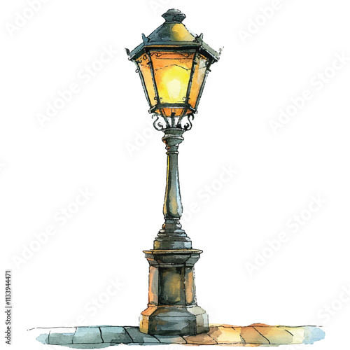 watercolor of charming old fashioned street lamp cartoon