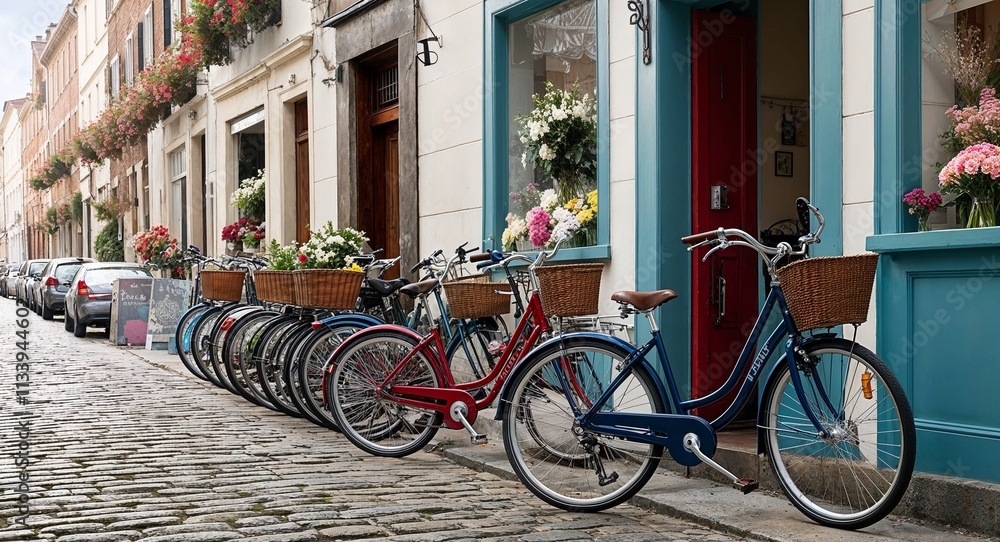 Bicycles parked by a cobblestone street lined with flower shops Bicycles parked by a cobblestone street lined with flower shops