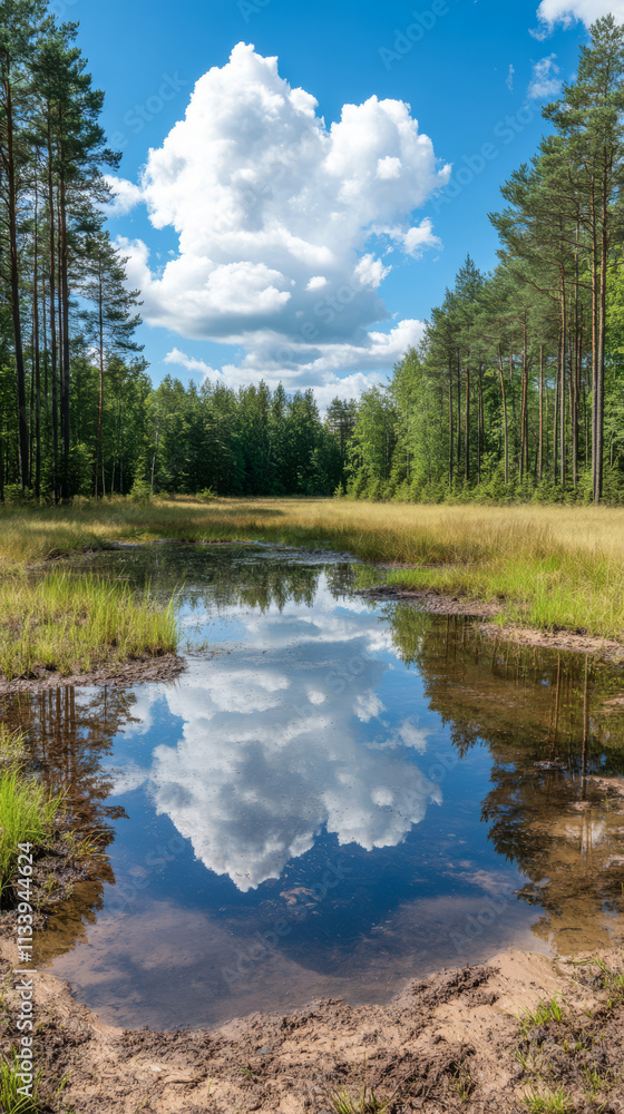 Calm reflection of clouds over a serene pond surrounded by lush green forest Calm reflection of clouds over a serene pond surrounded by lush green forest