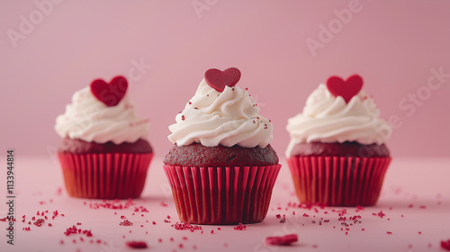 Red velvet cupcakes with whipped cream for Valentine's Day isolated on a soft pink background