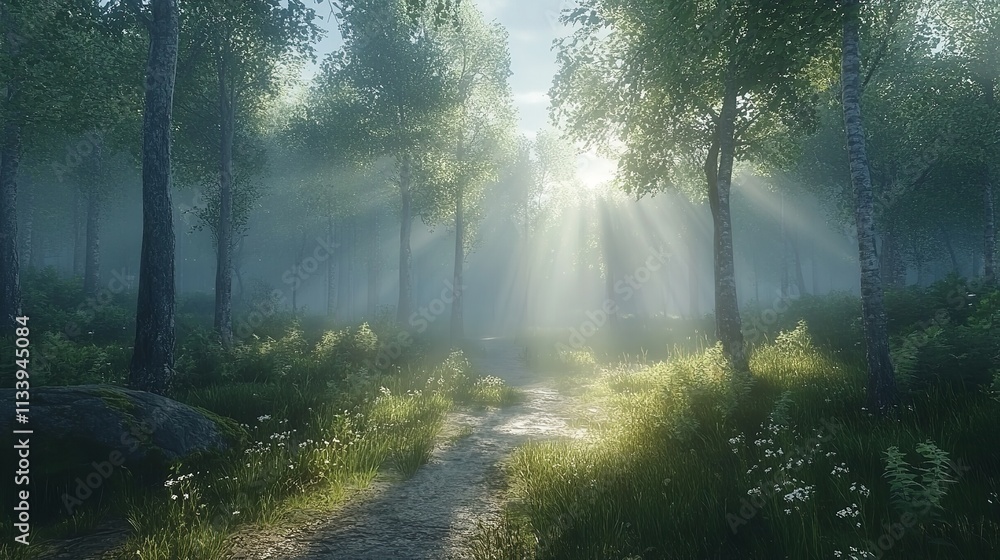 Naklejka premium A cinematic shot of a misty forest at dawn, with sunlight filtering through the trees, creating a serene and mystical background.