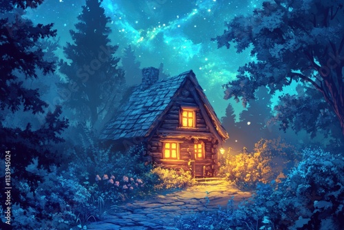 cozy cabin under a starry night sky