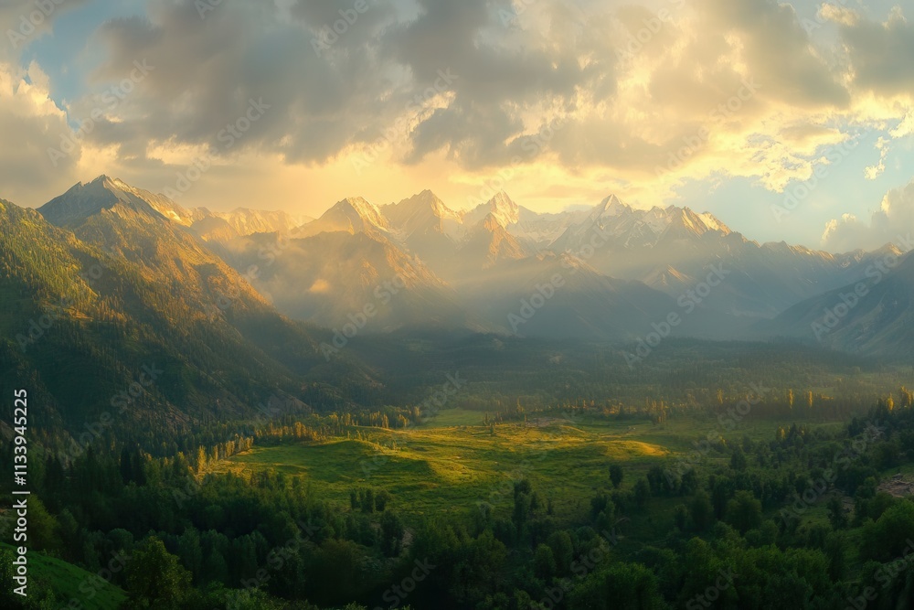 Naklejka premium Sunlit mountain valley in golden hour with dramatic clouds and snow-capped peaks.