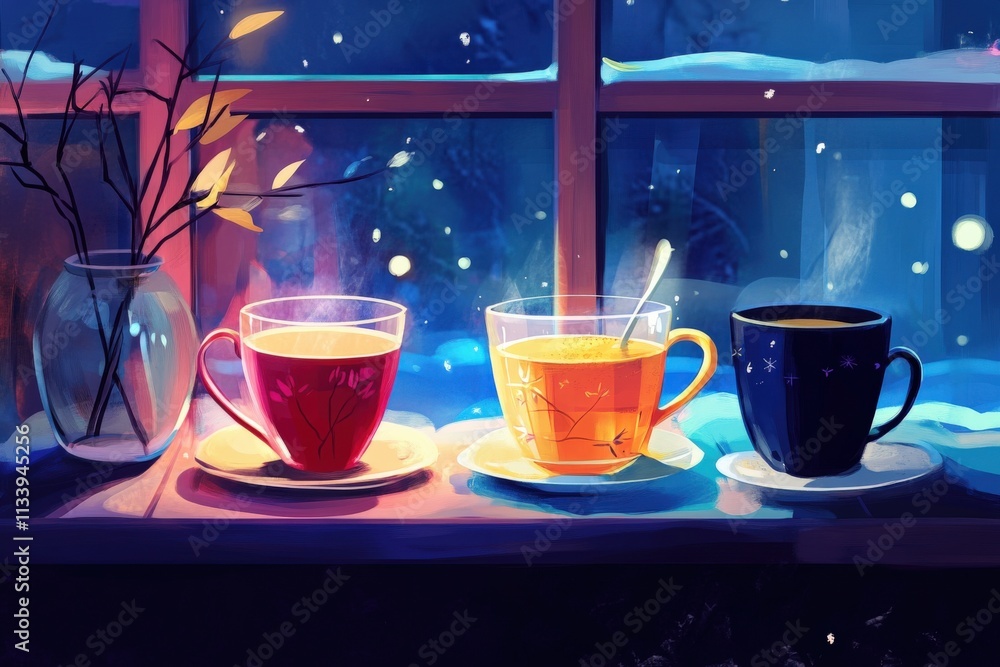 Obraz premium cozy winter scene with warm beverages by the window
