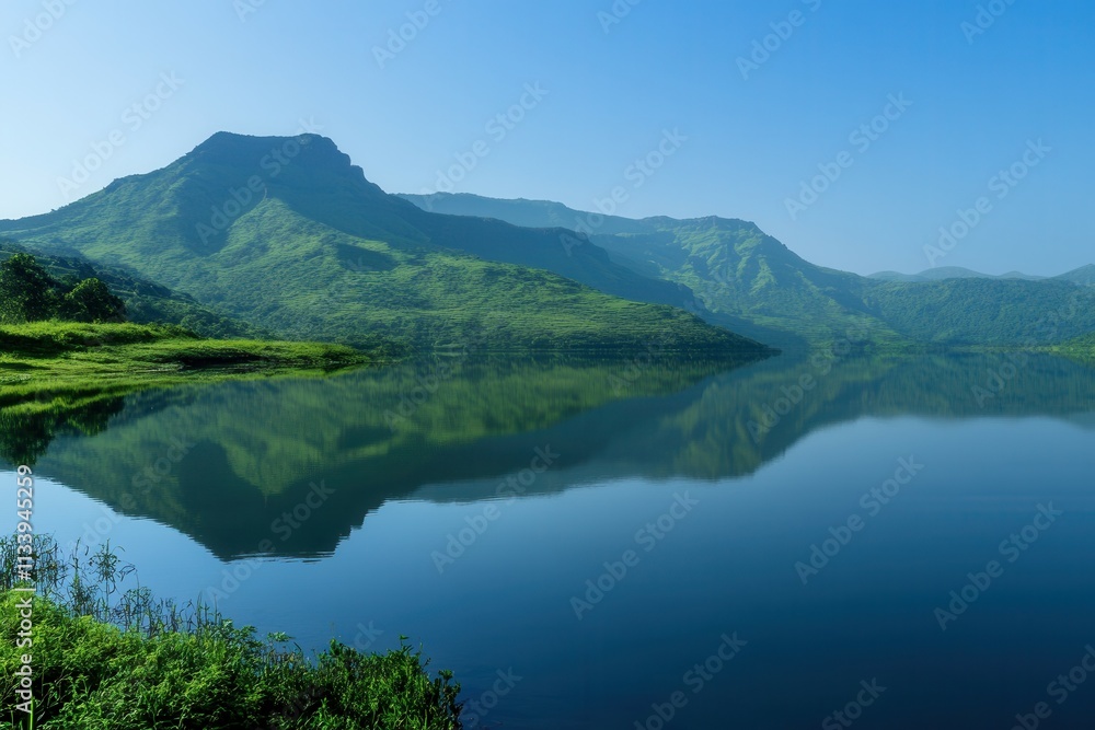 Morning light bathes a tranquil mountain landscape featuring lush green slopes. A calm lake mirrors the majestic peaks under a clear blue sky, creating a serene atmosphere perfect for relaxation and c Morning light bathes a tranquil mountain landscape featuring lush green slopes. A calm lake mirrors the majestic peaks under a clear blue sky, creating a serene atmosphere perfect for relaxation and c