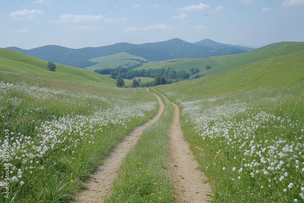 Scenic dirt path winding through lush green hills and wildflowers on a sunny day Scenic dirt path winding through lush green hills and wildflowers on a sunny day