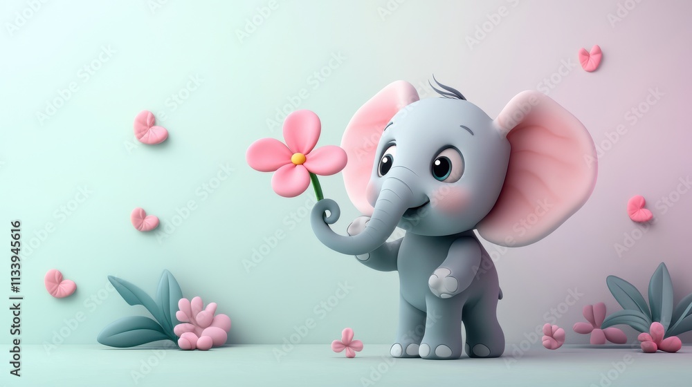 Cute Cartoon Elephant Holding Pink Flower in Colorful Background Cute Cartoon Elephant Holding Pink Flower in Colorful Background