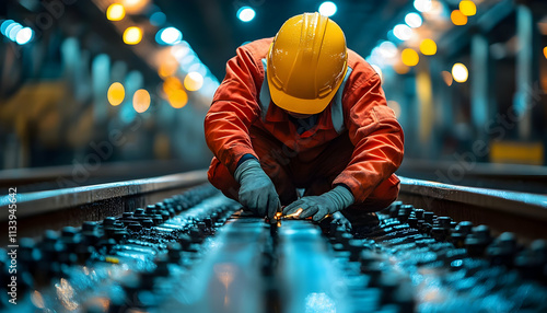A worker repairs railway tracks at night, ensuring safety and maintenance.