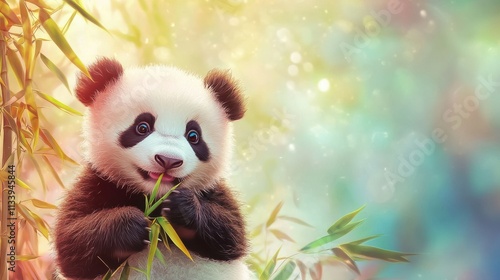 Adorable baby panda chewing bamboo in colorful natural setting