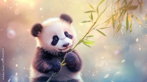 Adorable baby panda holding bamboo in a serene natural setting