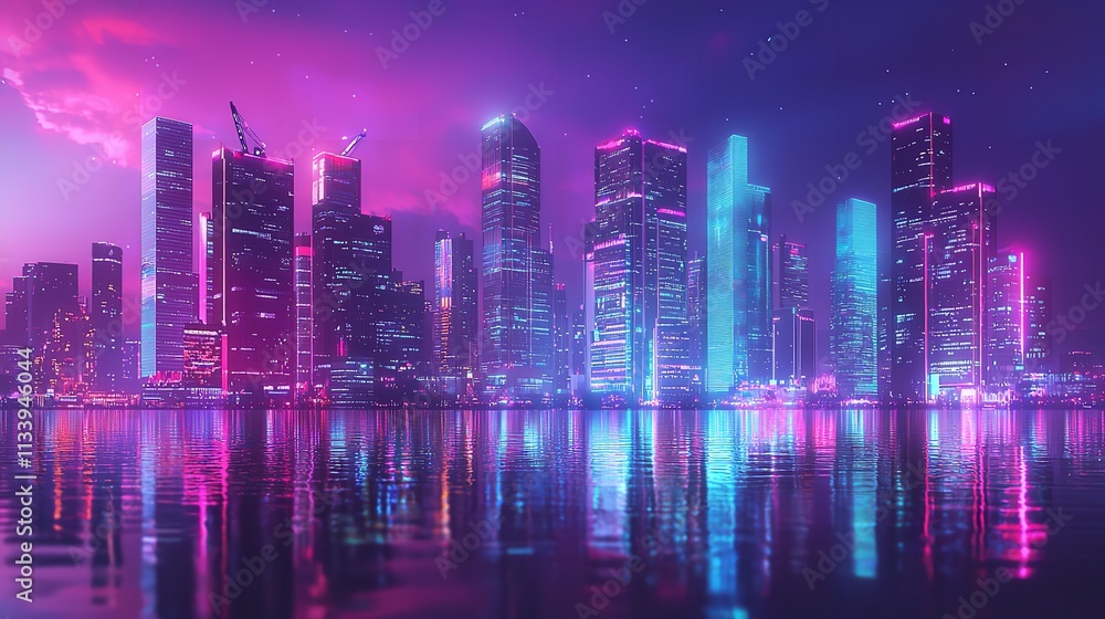 Fototapeta premium Colorful Cityscape at Night with Skyscrapers and Neon Lights