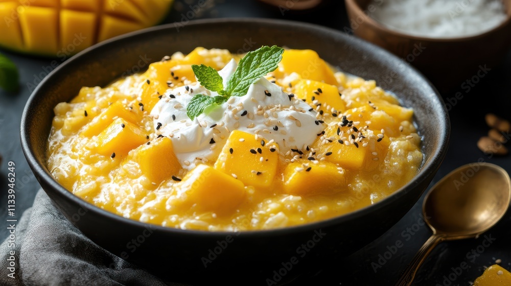 Creamy Mango Rice Pudding with Coconut and Mint Garnish Creamy Mango Rice Pudding with Coconut and Mint Garnish