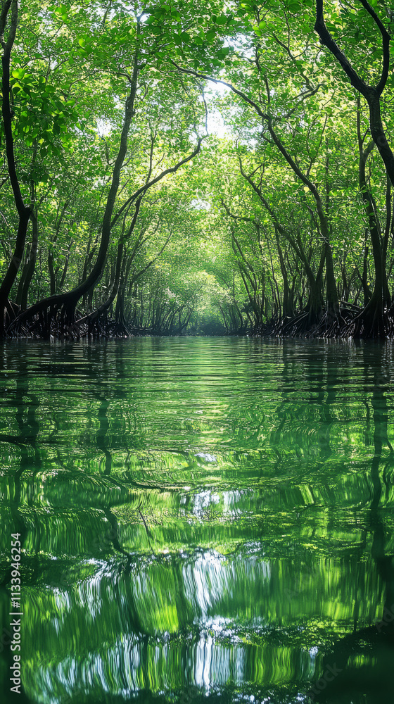 Lush green mangrove forest reflecting in calm water during midday light Lush green mangrove forest reflecting in calm water during midday light
