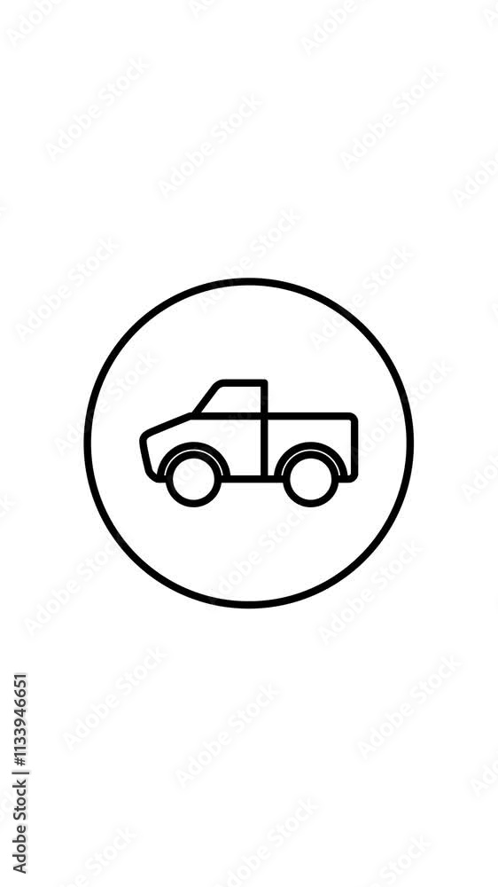 Pickup truck black and white line icon vector illustration in a circle, for web use for transportation, farm, countryside, vertical video animation, self drawing.