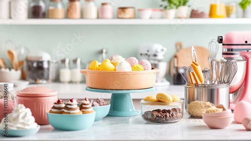 Colorful Dessert Table with Sweets and Baking Tools in Bright Kitchen