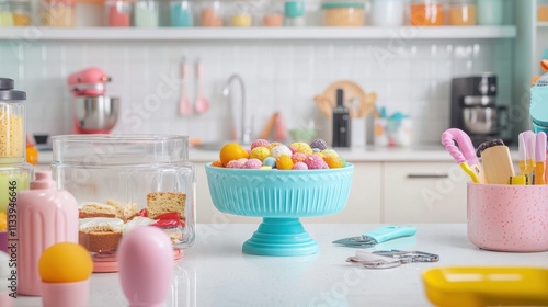 Vibrant Cooking Space with Colorful Sweets and Baking Supplies