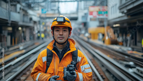 A railway worker in an orange uniform stands on tracks, holding a camera in an urban setting.