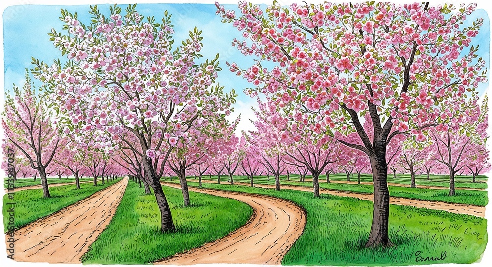 Obraz premium Pear blossoms adding beauty to a picturesque orchard during the early spring hand drawing