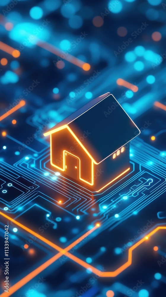Digital House Icon Representing Modern Real Estate Technology on a Futuristic Circuit Board Background with Glowing Elements and Abstract Data Flow Digital House Icon Representing Modern Real Estate Technology on a Futuristic Circuit Board Background with Glowing Elements and Abstract Data Flow