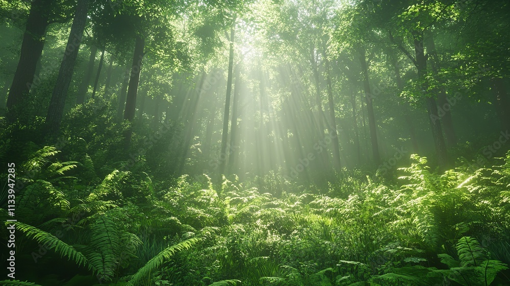 Sunbeams illuminate a path through a misty forest, dappling the bluebells with light. Sunbeams illuminate a path through a misty forest, dappling the bluebells with light.