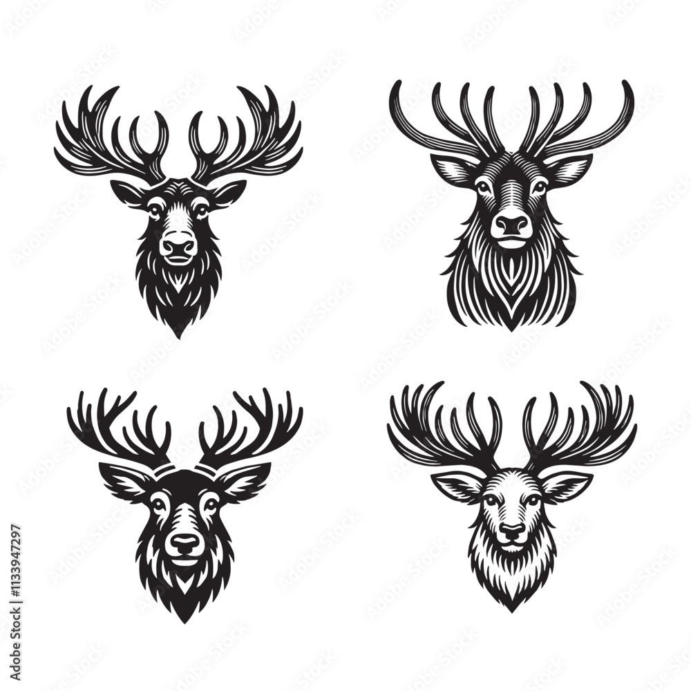 Caribou Face Silhouette Vector Set - Wildlife Animal Illustrations Caribou Face Silhouette Vector Set - Wildlife Animal Illustrations