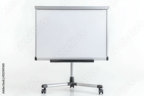 A clean and functional rolling whiteboard stands upright against a white background. Ideal for meetings, classrooms, or workshops, it provides a versatile surface for writing notes, ideas, and plans d photo