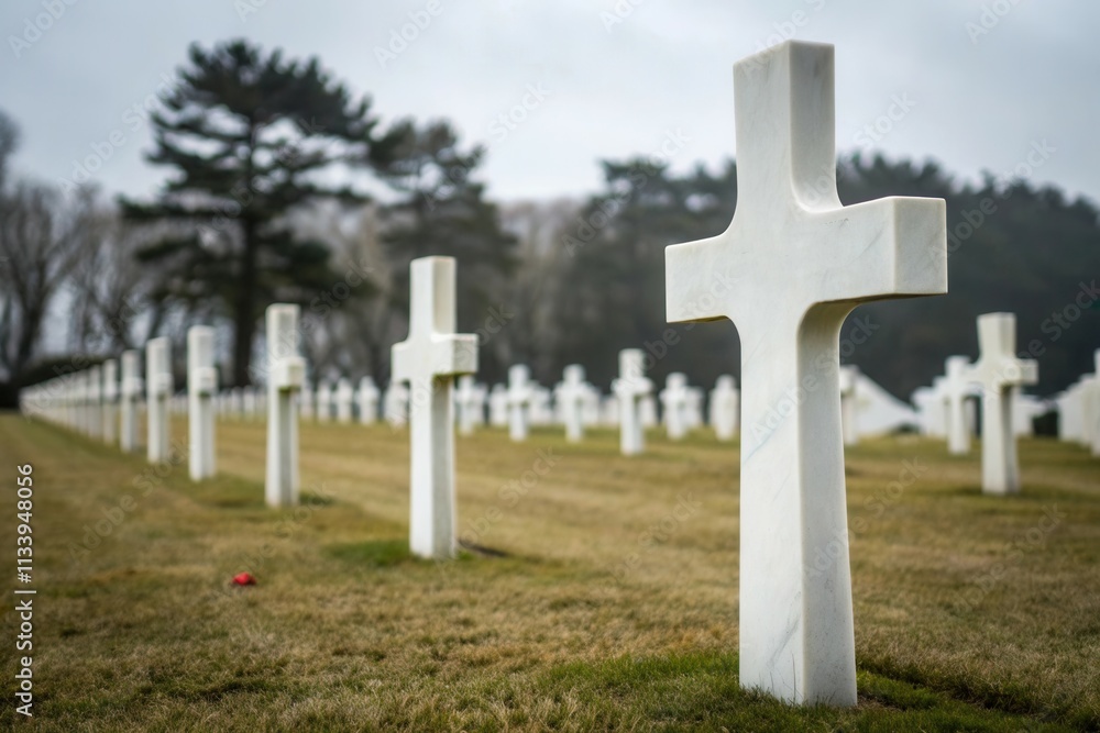 Somber cemetery scene with cross headstones in overcast weather. Somber cemetery scene with cross headstones in overcast weather.