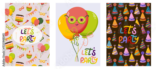 Lets Party colorful collection of cards themed designs featuring balloons, cakes, party hats, and playful decorations. For event invitations, card, poster, party decor, festive content