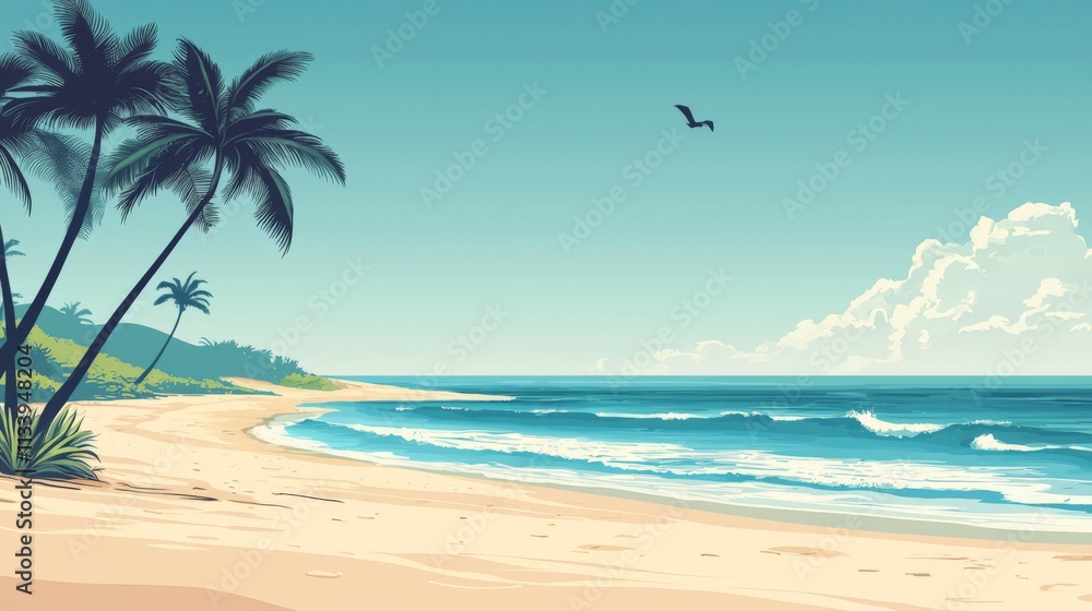 Obraz premium A serene beach scene featuring palm trees, gentle waves, and a clear blue sky, evoking relaxation and tranquility.