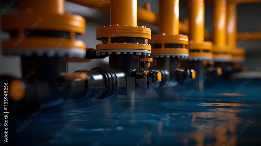 Industrial Piping System with Orange and Black Valves Submerged in Blue Liquid Industrial Piping System with Orange and Black Valves Submerged in Blue Liquid
