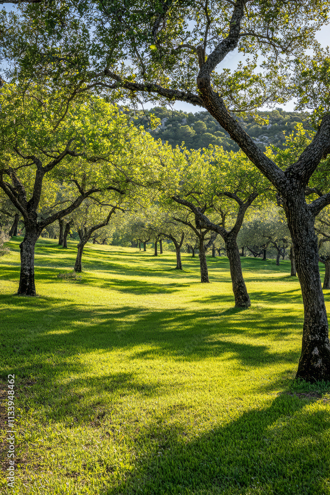 Naklejka premium Lush green landscape with trees casting shadows in a serene outdoor setting