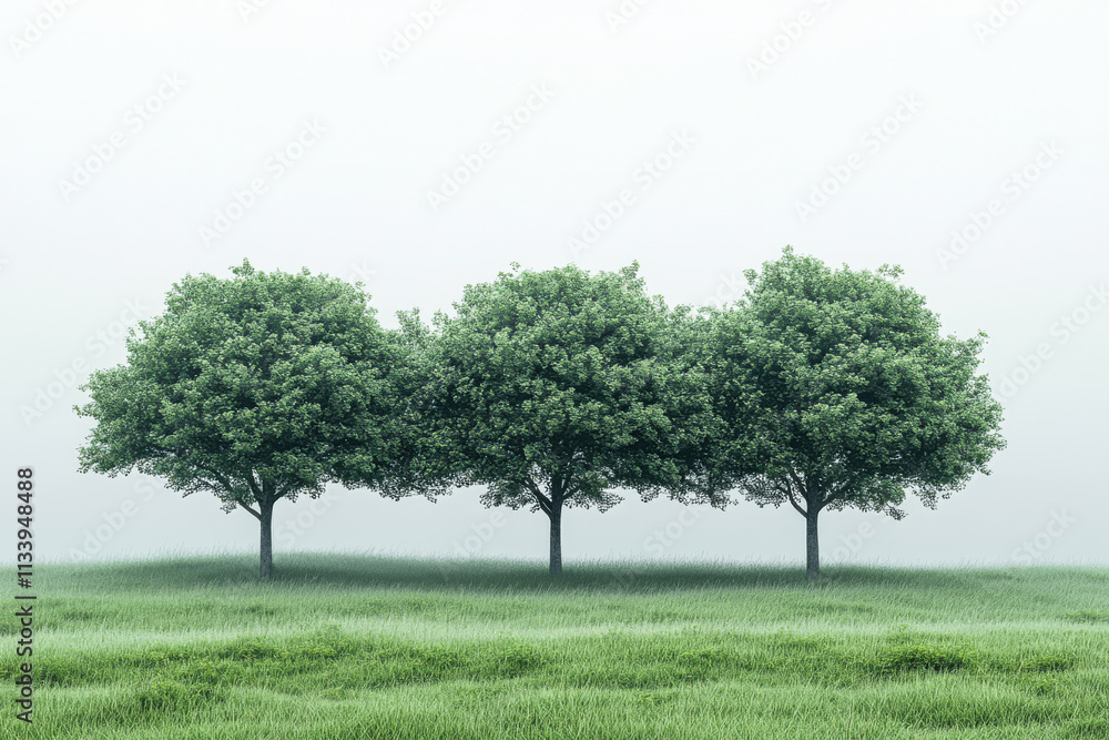 Lush green trees stand in a misty field during early morning light Lush green trees stand in a misty field during early morning light
