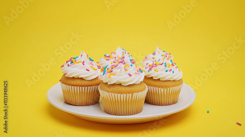 Unfrosted cupcakes on a white plate isolated on a yellow background photo